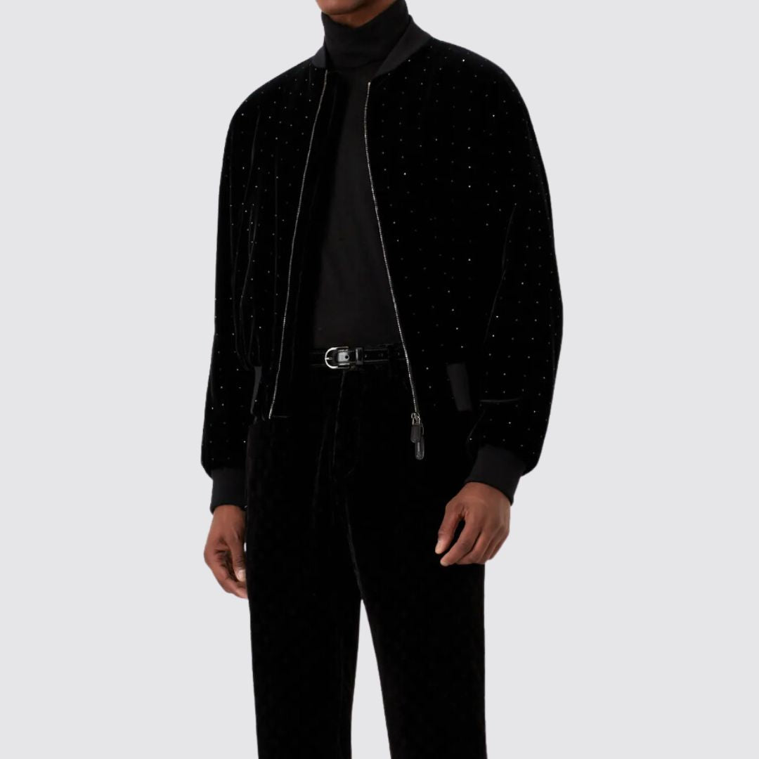 Giorgio Armani Velvet Bomber Jacket Open Front Model View