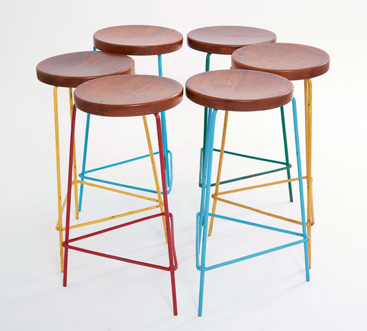 Pierre Jeanneret Stools in Teak and Iron (Set of 6)