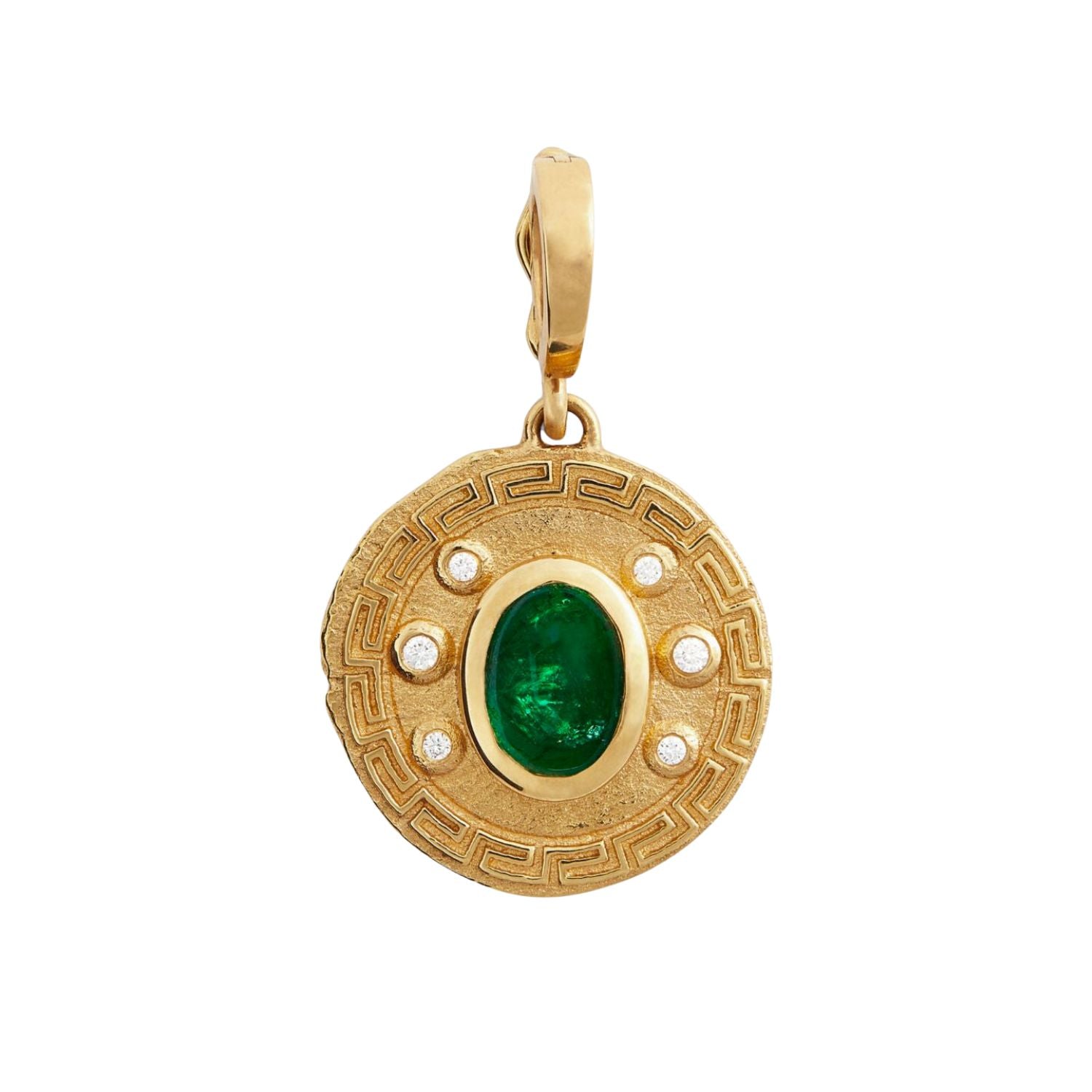 Azlee Small Yellow Gold, Diamond and Emerald Greek Pattern Coin Charm_AZLE239010