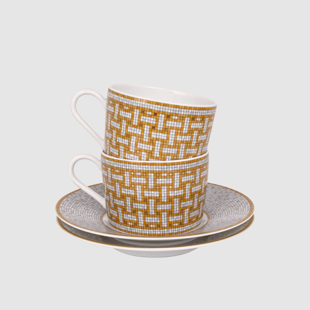 Hermès Mosaique au 24 Gold Tea Cup and Saucer Stacked Style Shot
