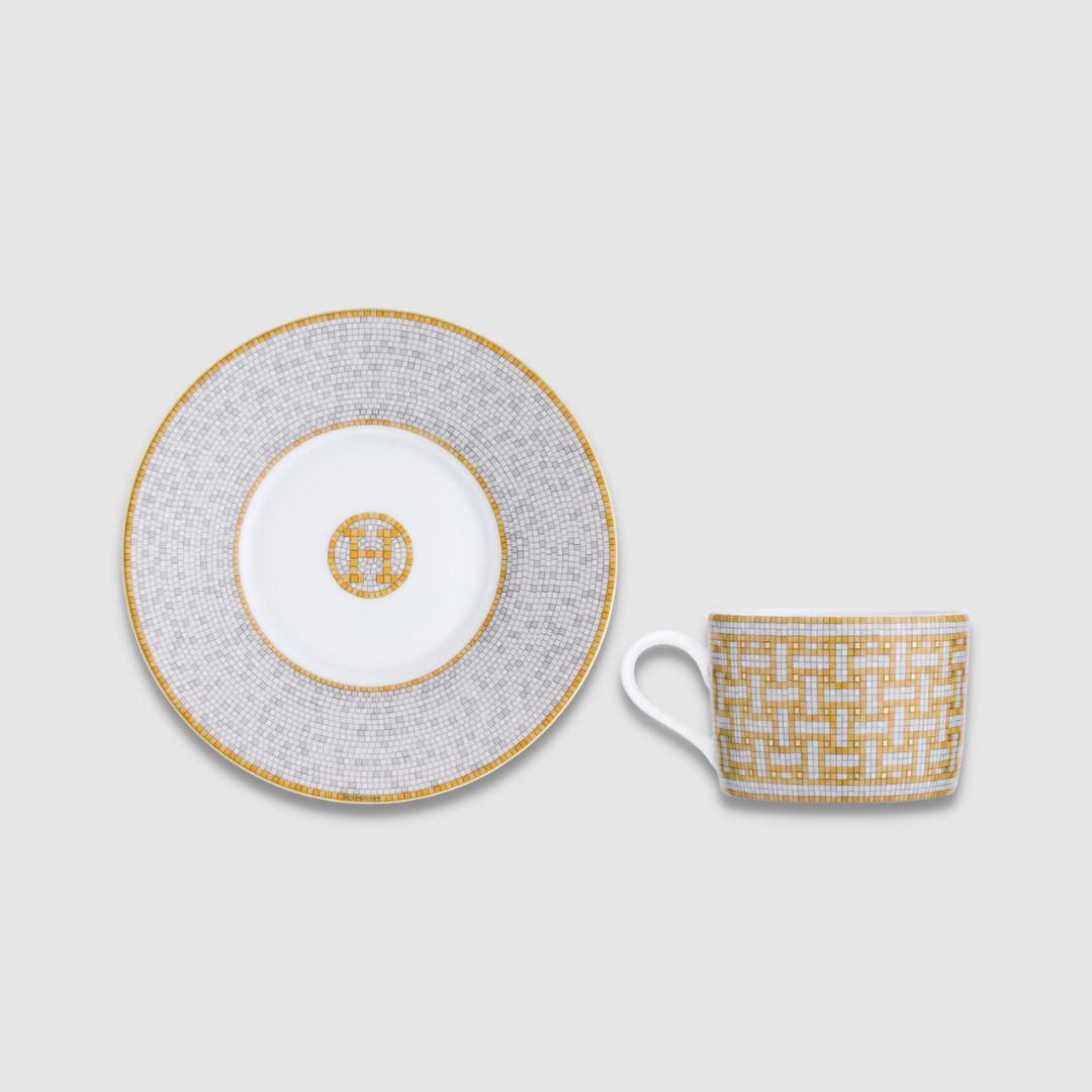 Hermès Mosaique au 24 Gold Tea Cup and Saucer Side to Side View