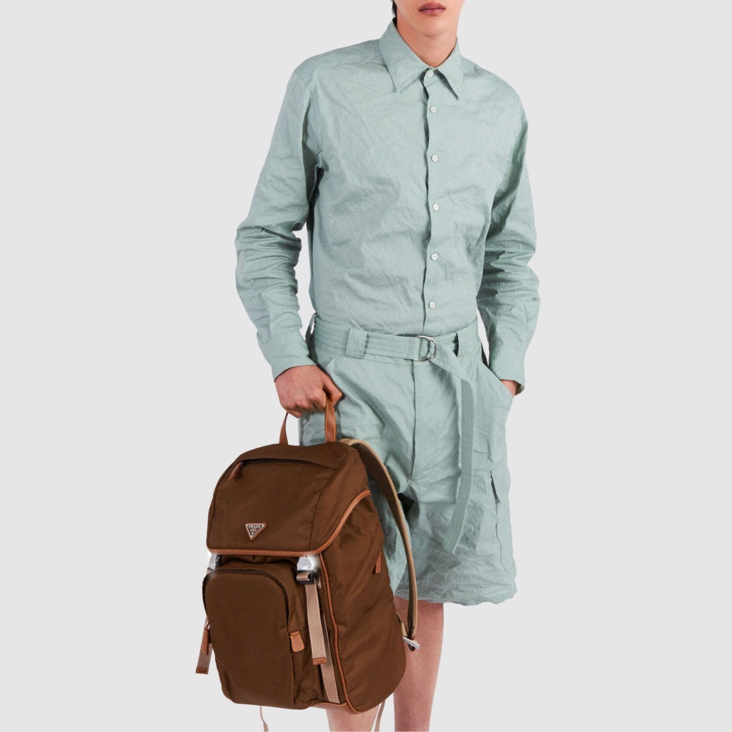 Prada Re-Nylon and Leather Backpack in Cork Beige