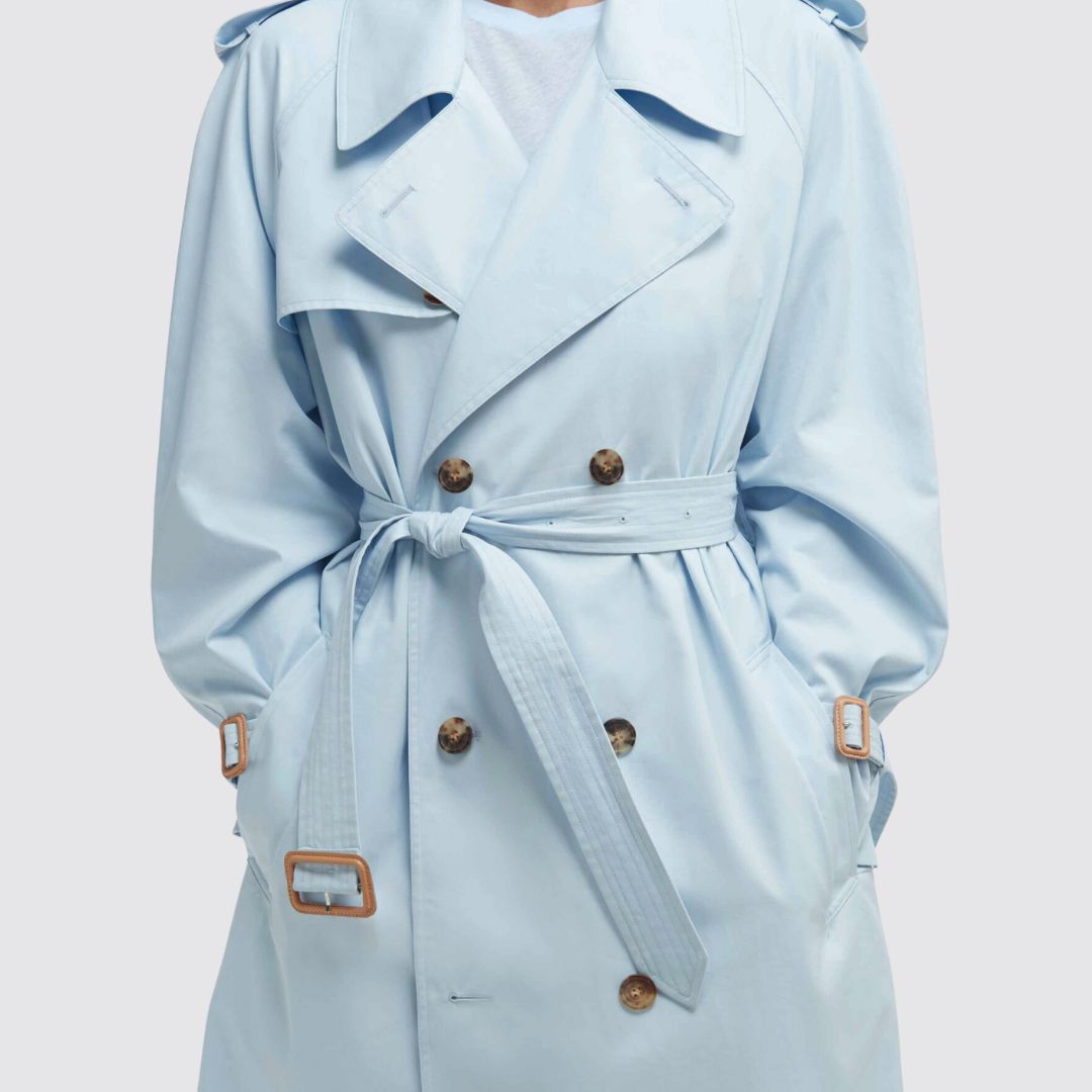 Trench Coat in Light Blue Close Up Front View On Model