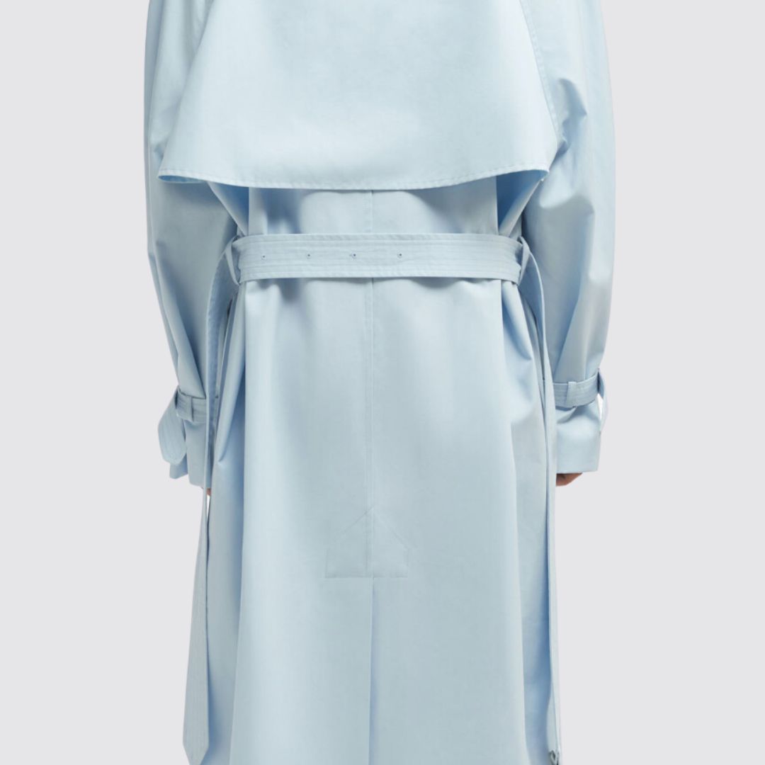Trench Coat in Light Blue Back View On Model