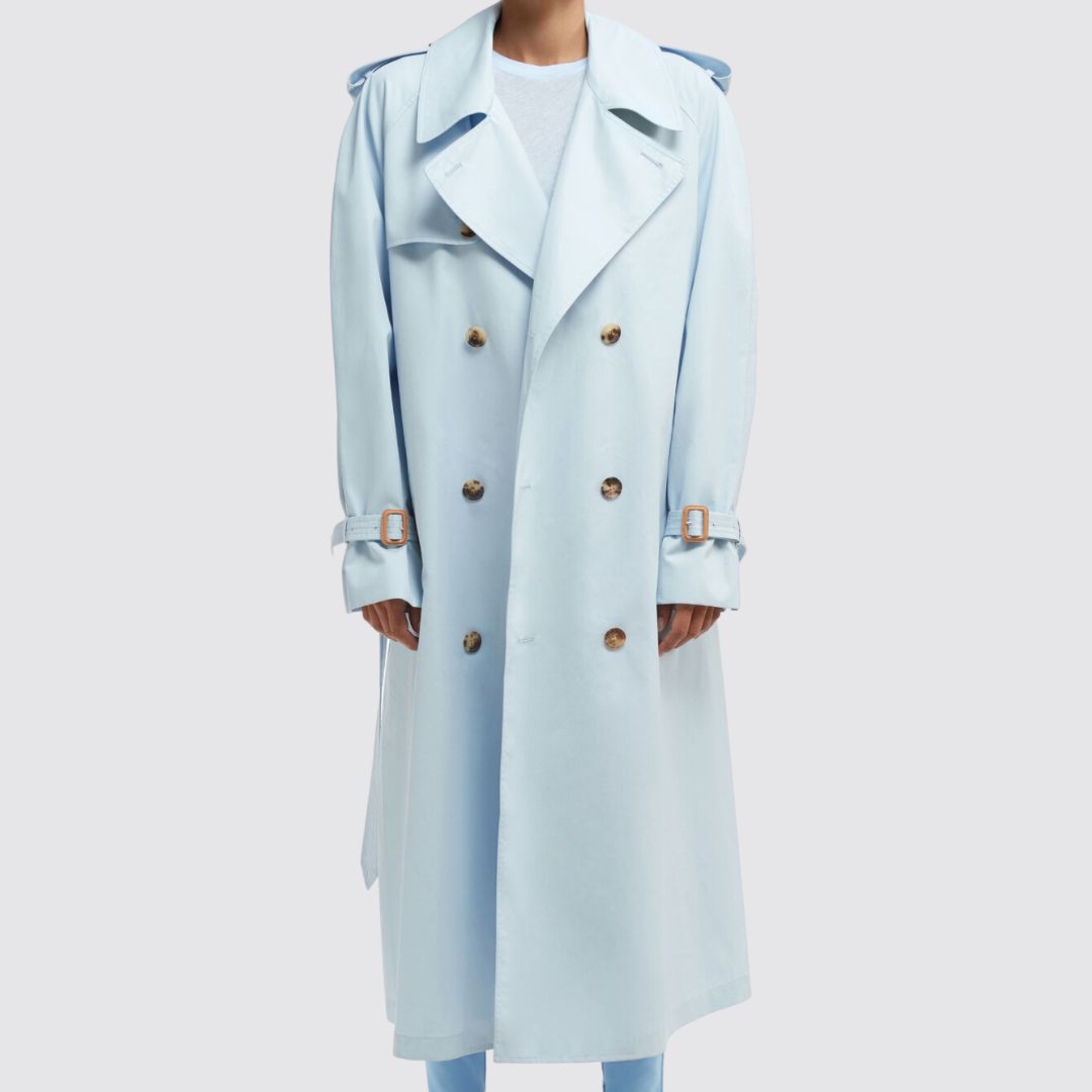 Trench Coat in Light Blue Front View On Model