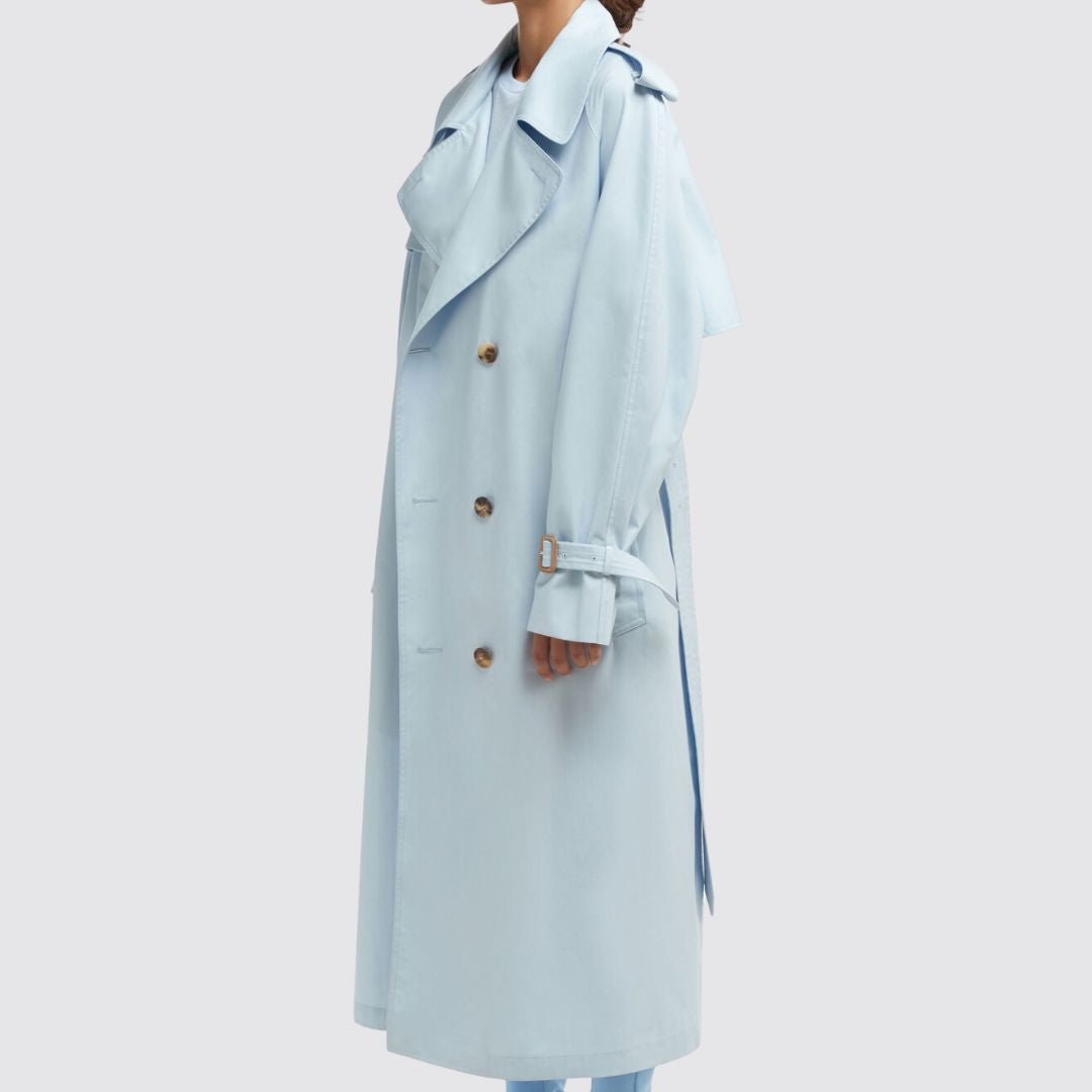 Trench Coat in Light Blue 3/4 View On Model 