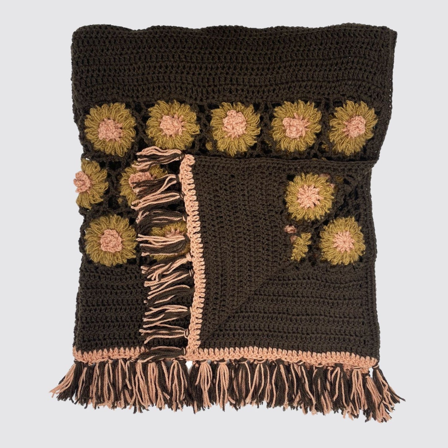 Hand-Woven Blue Throw Blanket With Daisy Flowers Folded Corner View