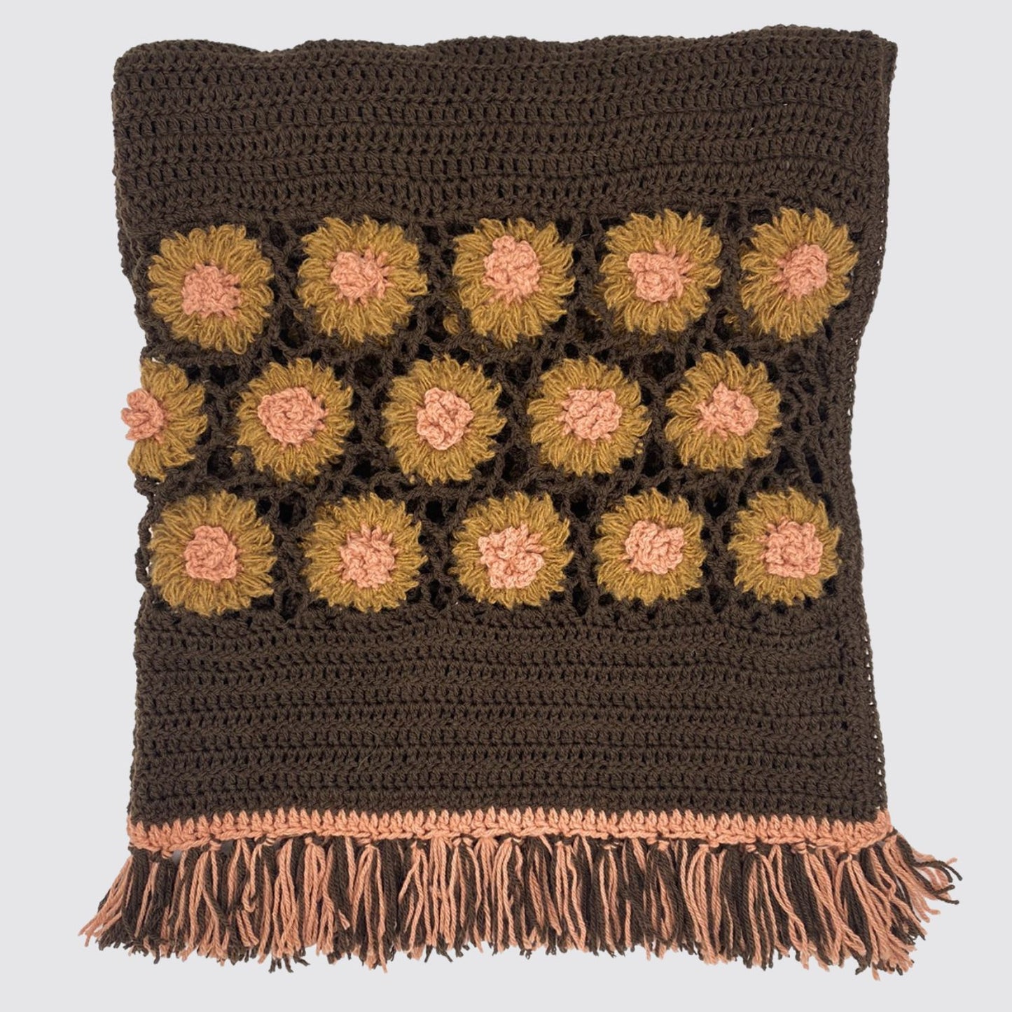 Hand-Woven Blue Throw Blanket With Daisy Flowers Folded View
