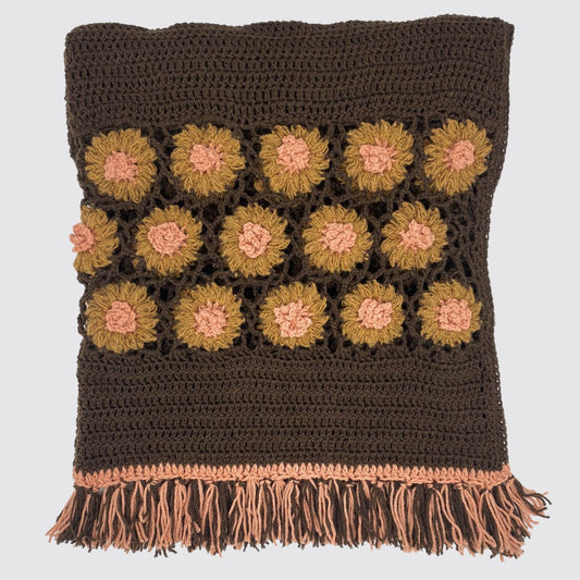 Hand-Woven Blue Throw Blanket With Daisy Flowers Folded View